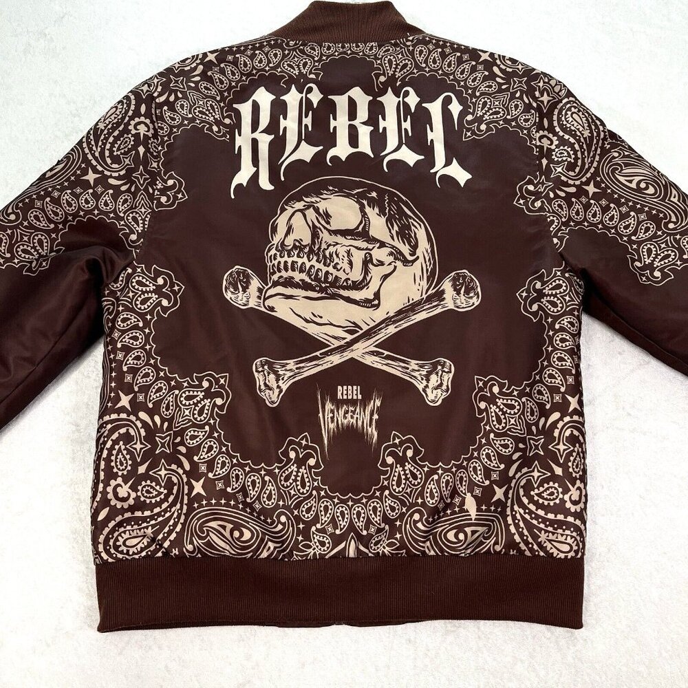 REBEL VENGEANCE Mens Skull & Bones Bomber Puffer Jacket Brown Size Small